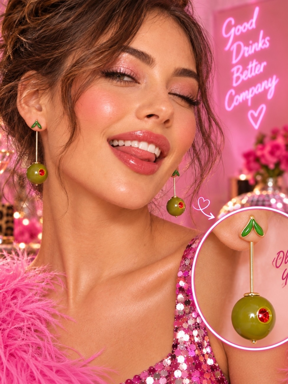 BETSEY JOHNSON "OLIVE YOU" COCKTAIL EARRINGS - Picture 3 of 4